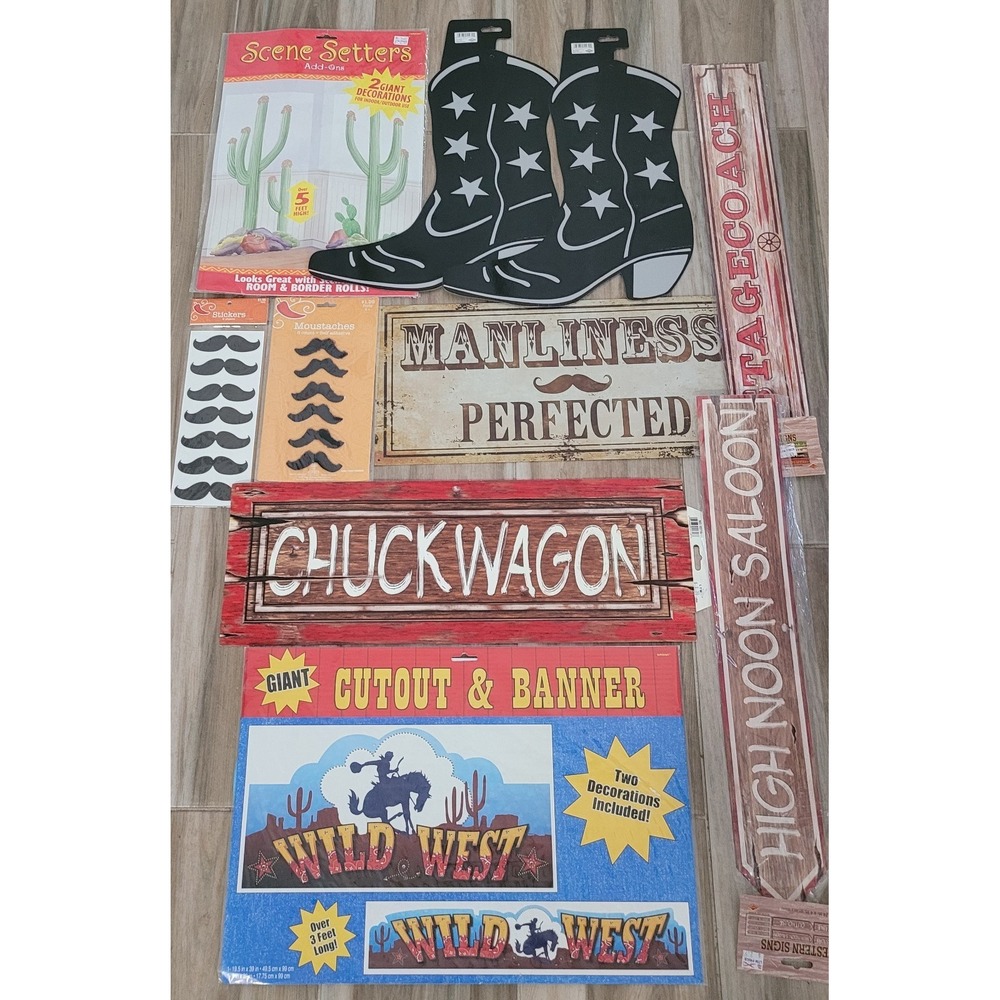Wild West Western Cowboy Party Decorations Cactus Boots Signs Banner Cut Out NEW